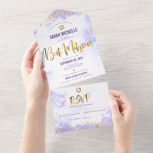 Bat Mitzvah purple watercolor gold script modern All In One Invitation
