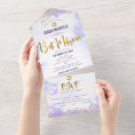 Bat Mitzvah Purple Watercolor Gold Script Party All In One Invitation<br><div class="desc">Be proud, rejoice and showcase this milestone of your favourite Bat Mitzvah! Send out this stunning, modern, custom all-in-one invitation for an event to remember. Sparkly gold faux foil, glitter dots and typography script overlay a light purple watercolor background. This all-in-one product is an unique combination of a custom invitation,...</div>