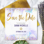 Bat Mitzvah Purple Watercolor Gold Script Square Save The Date<br><div class="desc">Make sure all your friends and relatives will be able to celebrate your daughter’s milestone Bat Mitzvah! Send out this stunning, modern, sparkly gold faux foil and glitter dots and typography script against a soft purple watercolor background, personalised “Save the Date” announcement card. Personalise the custom text with your Bat...</div>