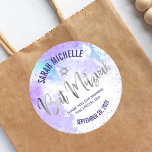 Bat Mitzvah Purple Watercolor Silver Foil Script Classic Round Sticker<br><div class="desc">Be proud, rejoice and celebrate this milestone of your favourite Bat Mitzvah! Use this stunning, modern, sparkly silver faux foil handwritten script, Star of David and tiny dots against a light purple watercolor background sticker to add to her special day. Personalise the custom text with her name and date of...</div>