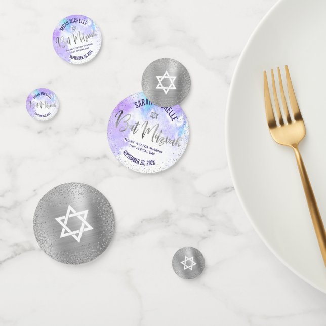 Bat Mitzvah Purple Watercolor Silver Foil Script Confetti (Group)