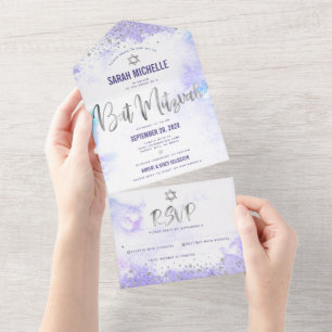 Bat Mitzvah Purple Watercolor Silver Script Modern All In One Invitation