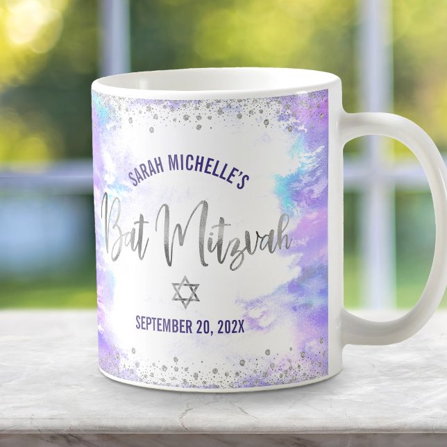 Bat Mitzvah Purple Watercolor Silver Script Modern Coffee Mug (Creator Uploaded)