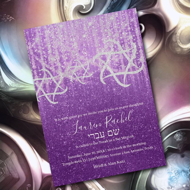 Bat Mitzvah Purple White Extra Sparkly Invitation (Creator Uploaded)