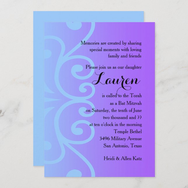 Bat Mitzvah Purple with Any Colour Invitation (Front/Back)