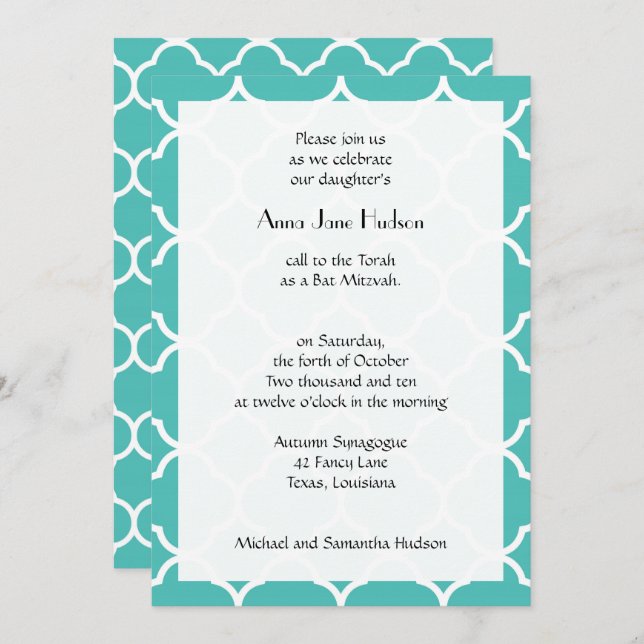 Bat Mitzvah - Quatrefoil Shape - Blue White Invitation (Front/Back)