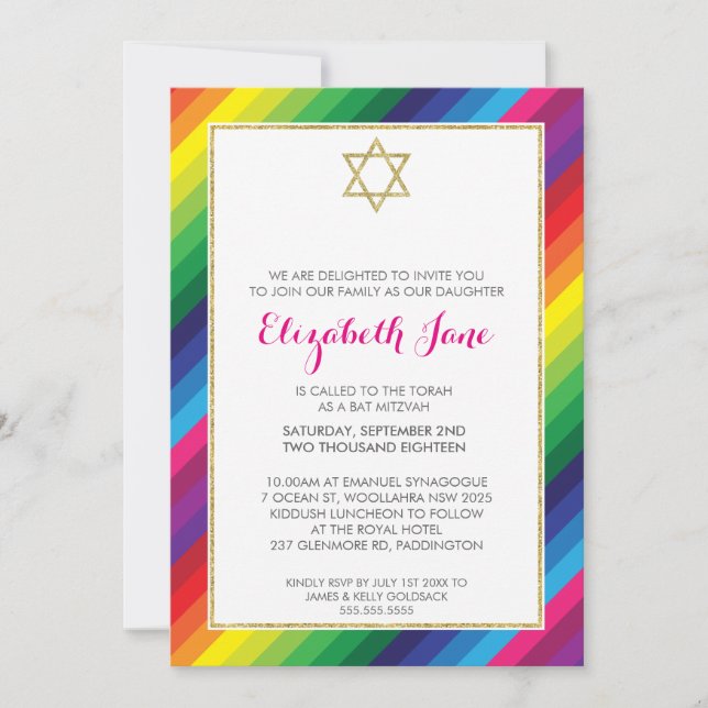 BAT MITZVAH rainbow stripe pattern gold glitter Invitation (Front)