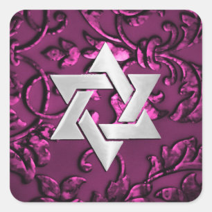 Bat Mitzvah Raspberry Pink Embossed Look Damask Square Sticker