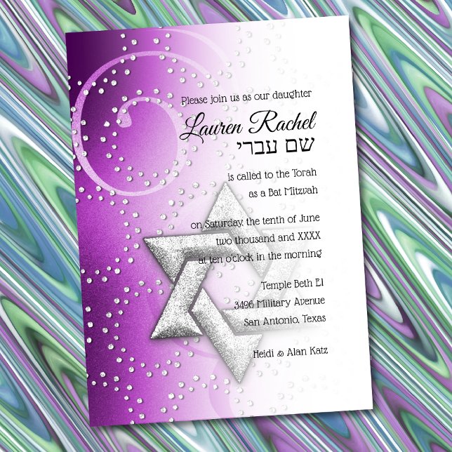 Bat Mitzvah Raspberry Shimmer Star of David Invitation (Creator Uploaded)