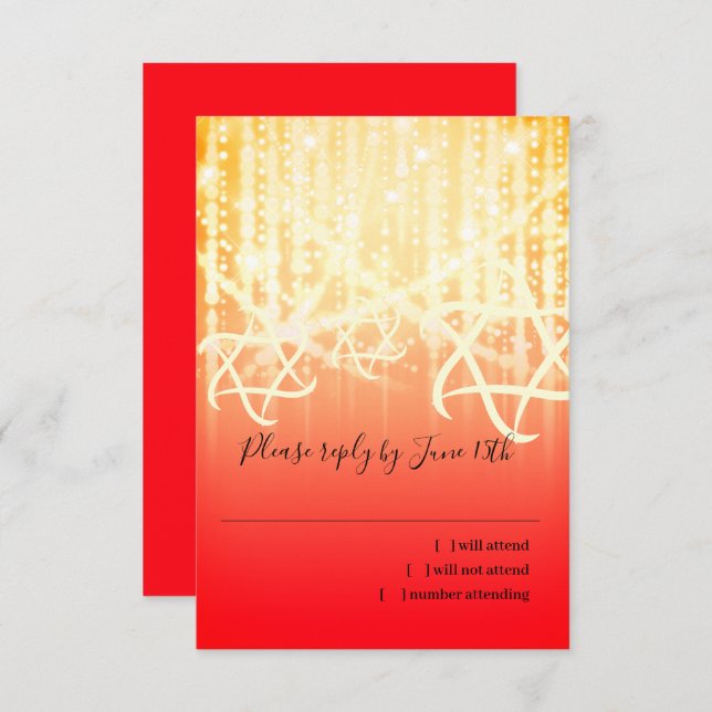Bat Mitzvah Red and Gold Sparkly Lights RSVP Card (Front/Back)