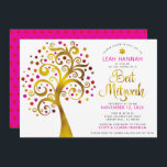 Bat Mitzvah Red Gold Foil Tree of Life Modern Bold Invitation<br><div class="desc">Be proud, rejoice and showcase this milestone of your favourite Bat Mitzvah! This graphic faux gold foil tree with sparkly pink, orange, and red Star of David and dot “leaves” on a white background is the perfect invitation for this special occasion. A tiny, dark red Star of David pattern overlaying...</div>