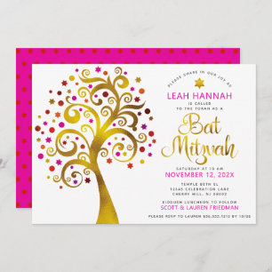 Bat Mitzvah Red Gold Foil Tree of Life Modern Bold Invitation