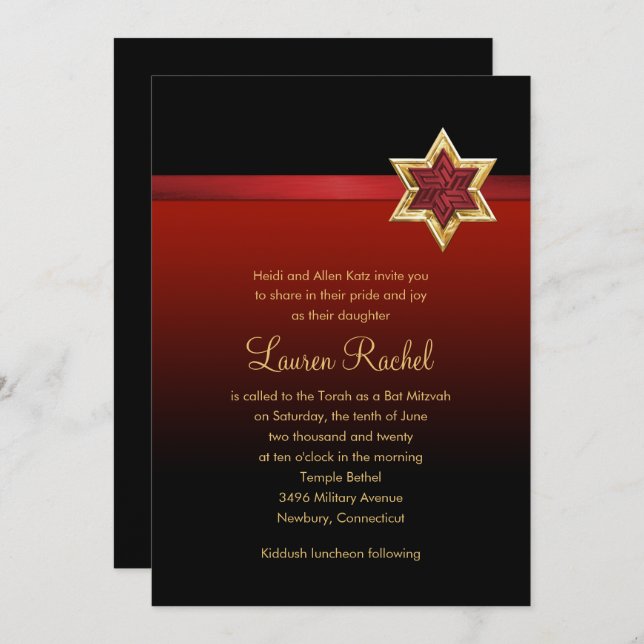 Bat Mitzvah Red Ombre Ribbon and Star Invitation (Front/Back)