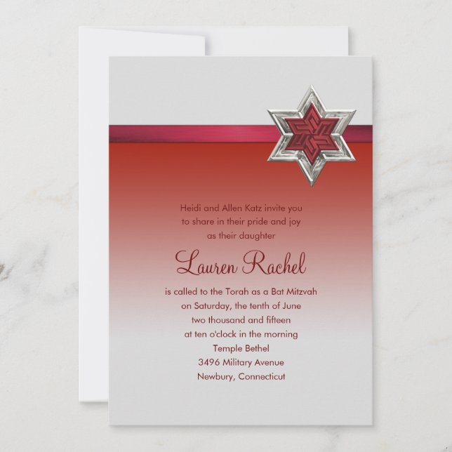 Bat Mitzvah Red Ombre Ribbon and Star Invitation (Front)