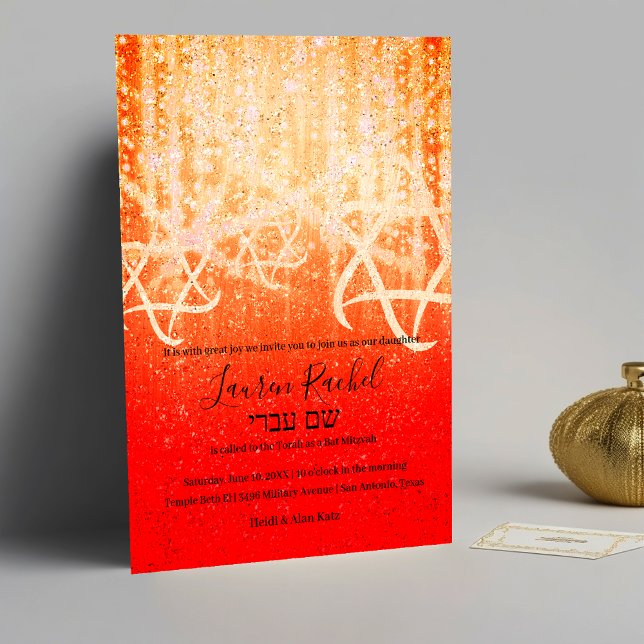 Bat Mitzvah Red Orange Gold Extra Sparkly Invitation (Creator Uploaded)