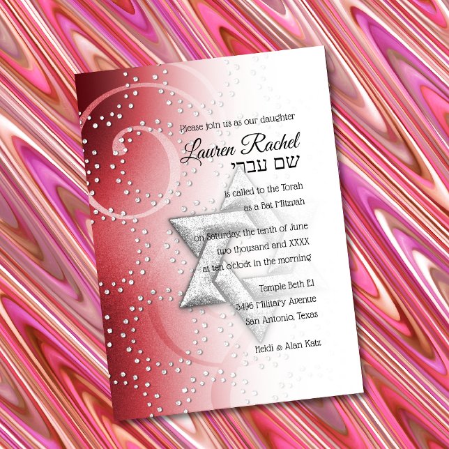 Bat Mitzvah Red Shimmer Star of David Invitation (Creator Uploaded)