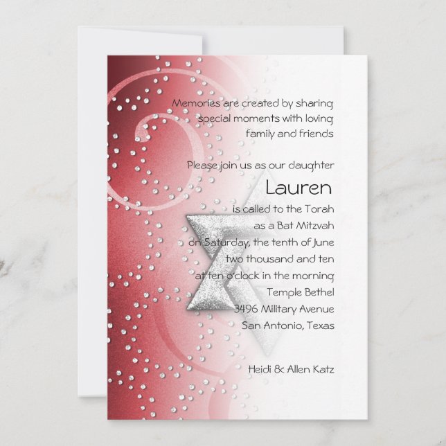Bat Mitzvah Red Shimmer Star of David Invitation (Front)
