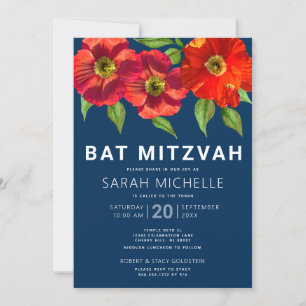 Bat Mitzvah Red Watercolor Floral Navy Blue Modern Invitation