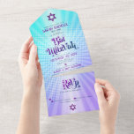 Bat Mitzvah Retro Blue Purple Gradient Boho Bold All In One Invitation<br><div class="desc">Be proud, rejoice and showcase this milestone of your favourite Bat Mitzvah with this fun boho retro, custom all-in-one invitation for an event to remember. Hip, trendy, bold purple and navy blue typography with modern sans serif typography overlay a background of pop light turquoise and purple ombre gradient rays with...</div>