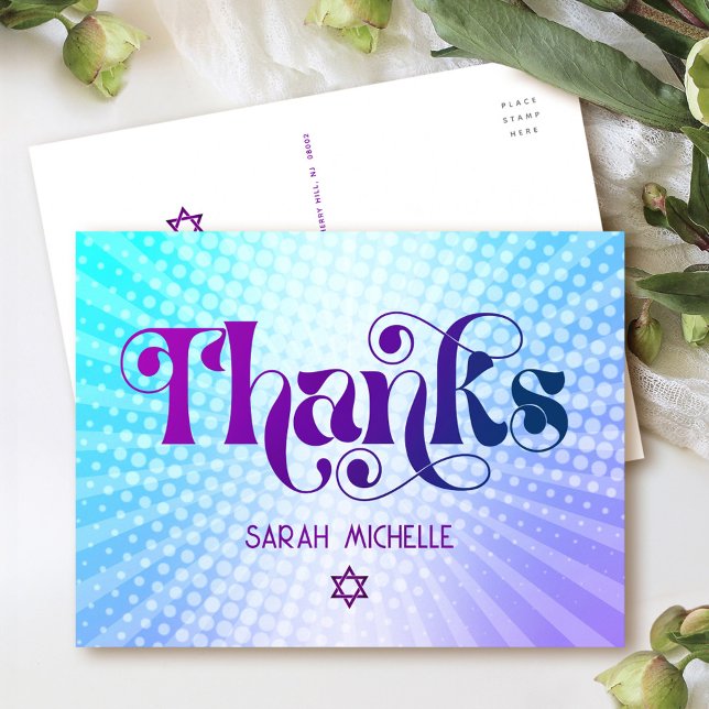 Bat Mitzvah Retro Blue Purple Gradient Thank You Postcard (Creator Uploaded)