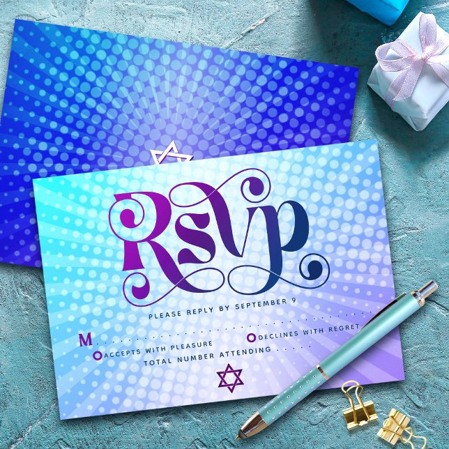 Bat Mitzvah Retro Boho Blue Purple Gradient Bold RSVP Card (Creator Uploaded)