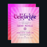 Bat Mitzvah Retro Boho Pink Orange Gradient Bold Enclosure Card<br><div class="desc">Be proud, rejoice and showcase this milestone of your favourite Bat Mitzvah! Include this groovy boho retro, personalised insert for additional information to your event. Fun, trendy, bold dark hot pink and purple typography with modern sans serif typography overlay a background of pop light orange and pink ombre gradient rays...</div>