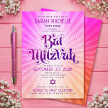 Bat Mitzvah Retro Boho Pink Orange Gradient Bold Invitation<br><div class="desc">Be proud, rejoice and showcase this milestone of your favourite Bat Mitzvah with this fun boho retro, personalised invitation! Fun, trendy, bold dark hot pink and purple typography with modern sans serif typography overlay a background of pop light orange and pink ombre gradient rays with white dots. On the back,...</div>