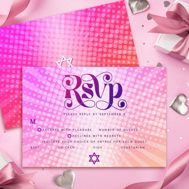Bat Mitzvah Retro Pink Orange Gradient Boho Entrée RSVP Card (Creator Uploaded)