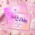 Bat Mitzvah Retro Pink Orange Ombre Gradient Boho Save The Date<br><div class="desc">Make sure all your friends and relatives will be able to celebrate your daughter’s milestone Bat Mitzvah! Send out this fun, boho retro, personalised “Save the Date” announcement postcard. Fun, trendy, bold dark hot pink and purple typography with modern sans serif typography overlay a background of pop light orange and...</div>