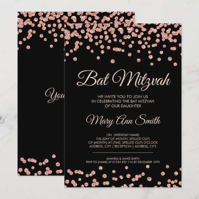 Bat Mitzvah Rose Gold Faux Glitter Confetti Black Invitation (Front/Back)