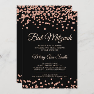 Bat Mitzvah Rose Gold Faux Glitter Confetti Black Invitation
