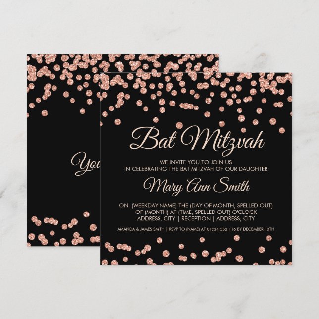 Bat Mitzvah Rose Gold Faux Glitter Confetti Black Invitation (Front/Back)
