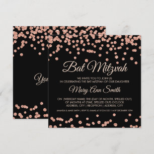 Bat Mitzvah Rose Gold Faux Glitter Confetti Black Invitation