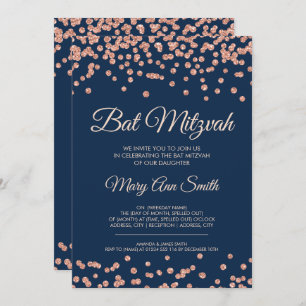 Bat Mitzvah Rose Gold Faux Glitter Confetti Navy Invitation