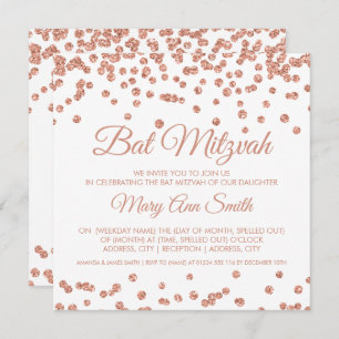Bat Mitzvah Rose Gold Faux Glitter Confetti White Invitation
