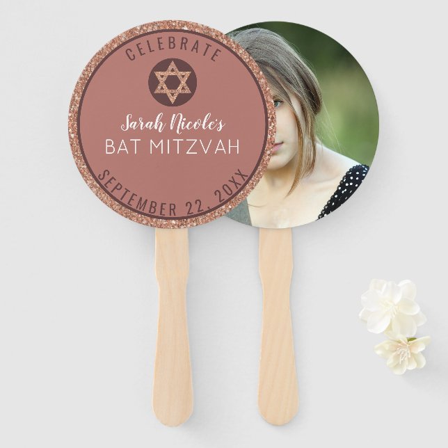 Bat Mitzvah Rose Gold Glitter Bling Photo Hand Fan (Front and Back)