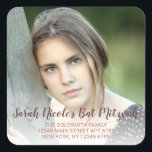 Bat Mitzvah Rose Gold Typography Photo Address Square Sticker<br><div class="desc">Create your own modern typography photo return address stickers that coordinate with my Rose Gold Bat Mitzvah collection. Add your photo into the design where a subtle white overlay on the bottom of the square envelope seal allows the pink and purple mauve text to pop. The deep mauve script font...</div>