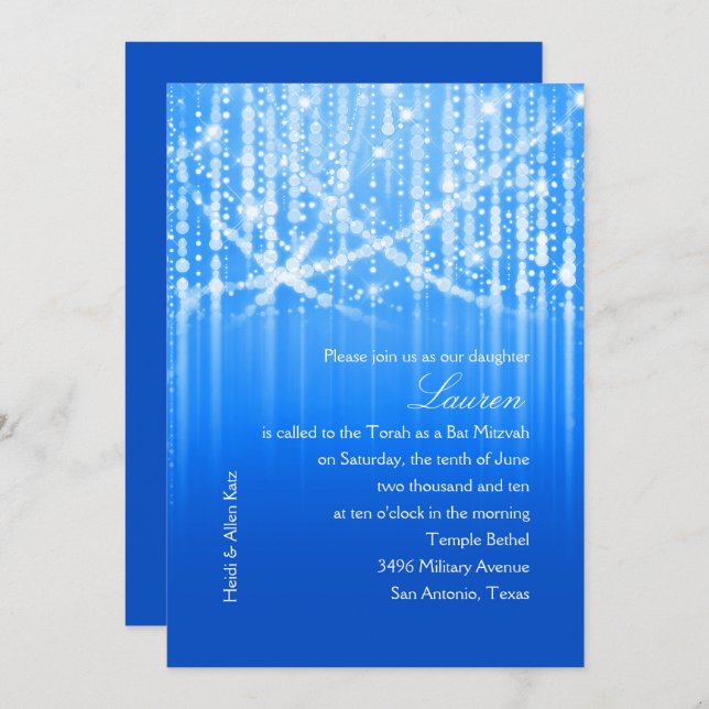 Bat Mitzvah Royal Blue Sparkly Lights Invitation (Front/Back)