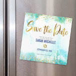 Bat Mitzvah Save Date Gold Turquoise Watercolor Magnetic Invitation<br><div class="desc">Make sure all your friends and relatives will be able to celebrate your daughter’s milestone Bat Mitzvah! Send out this stunning, modern, sparkly gold faux foil and glitter dots and typography script against a turquoise blue watercolor background, personalised “Save the Date” magnetic announcement card. Personalise the custom text with your...</div>