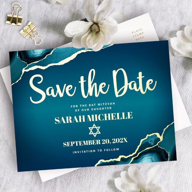 Bat Mitzvah Save Date Teal Ombre Agate Real Gold Foil Invitation Postcard (Creator Uploaded)