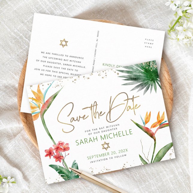 Bat Mitzvah Save Date Tropical Floral Gold Script Invitation Postcard (Creator Uploaded)
