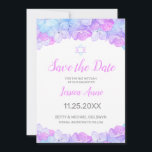 Bat Mitzvah Save the Date<br><div class="desc">Shades of pink, lavender and aqua blue hydrangea flowers and a Star of David decorate this elegant watercolor Bat Mitzvah Save the Date card. This design features a floral border at the top and bottom. Your celebration details may be personalized in a modern script typography in pink and gray. The...</div>