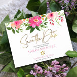 Bat Mitzvah Save the Date Floral Watercolor Script Invitation Postcard<br><div class="desc">Make sure all your friends and relatives will be able to celebrate your daughter’s milestone Bat Mitzvah! Send out this chic, personalised “Save the Date” announcement postcard. A stunning, pink and peach floral watercolor with faux gold foil script typography and modern dusty rose and grey sans serif type overlay a...</div>
