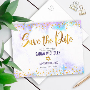 Bat Mitzvah Save the Date Gold Purple Watercolor Invitation Postcard
