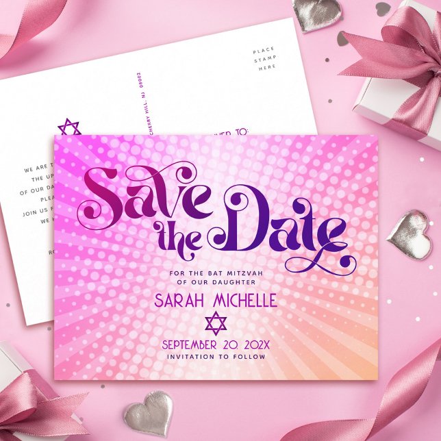 Bat Mitzvah Save the Date Retro Pink Orange Ombre Invitation Postcard (Creator Uploaded)