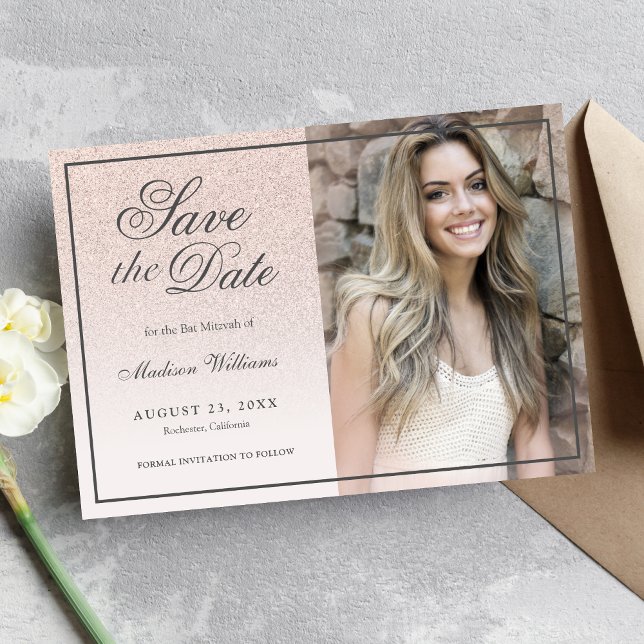 Bat Mitzvah Save The Date Rose Gold Glitter Photo (Creator Uploaded)