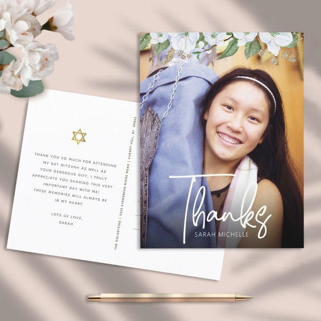 Bat Mitzvah Script Photo Gold Floral Thank You Postcard (Creator Uploaded)