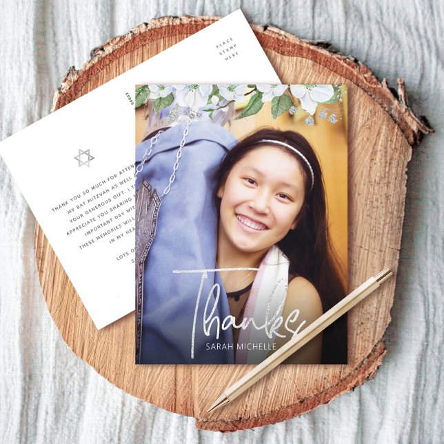 Bat Mitzvah Script Photo Silver Floral Thank You Postcard (Creator Uploaded)