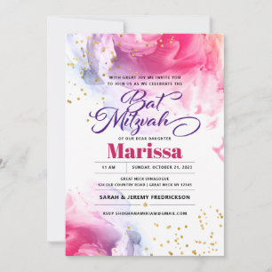 Bat Mitzvah Script Watercolor Glitter Invitation