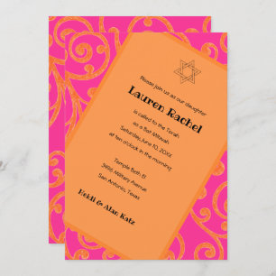 Bat Mitzvah Scroll Pattern Orange Invitation